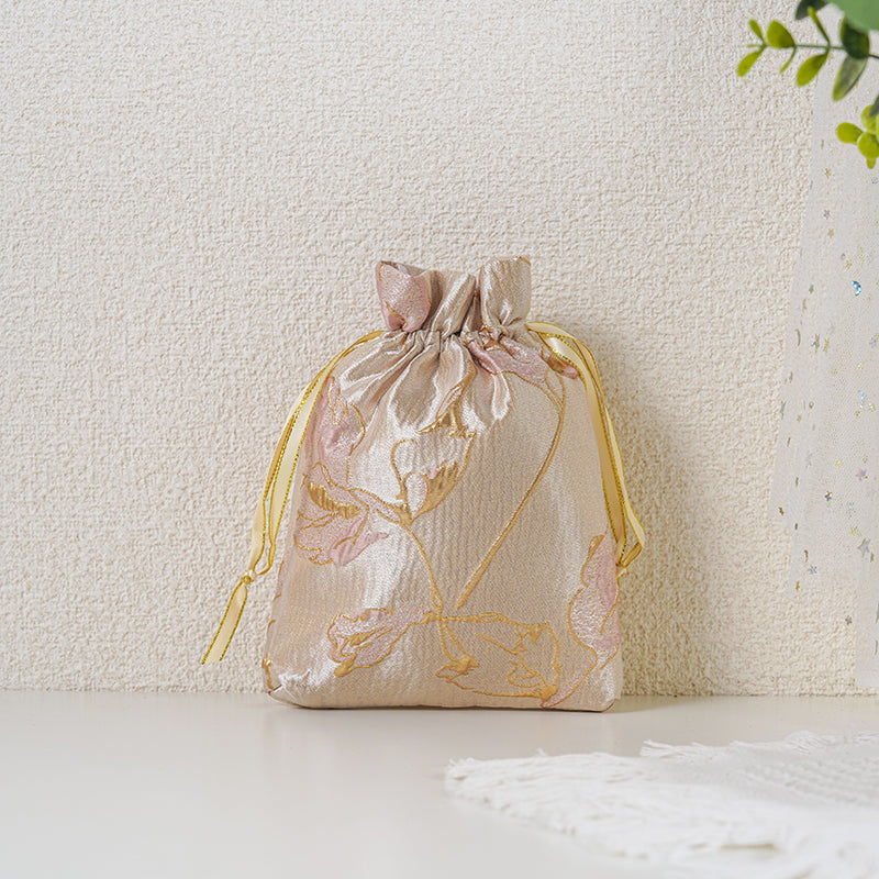 Gold Pink Rose patterned drawstring favor gift bag