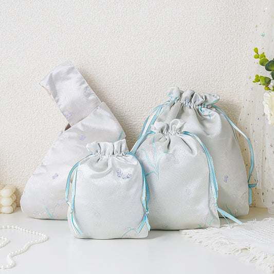 Silver Muguet patterned drawstring favor gift bag