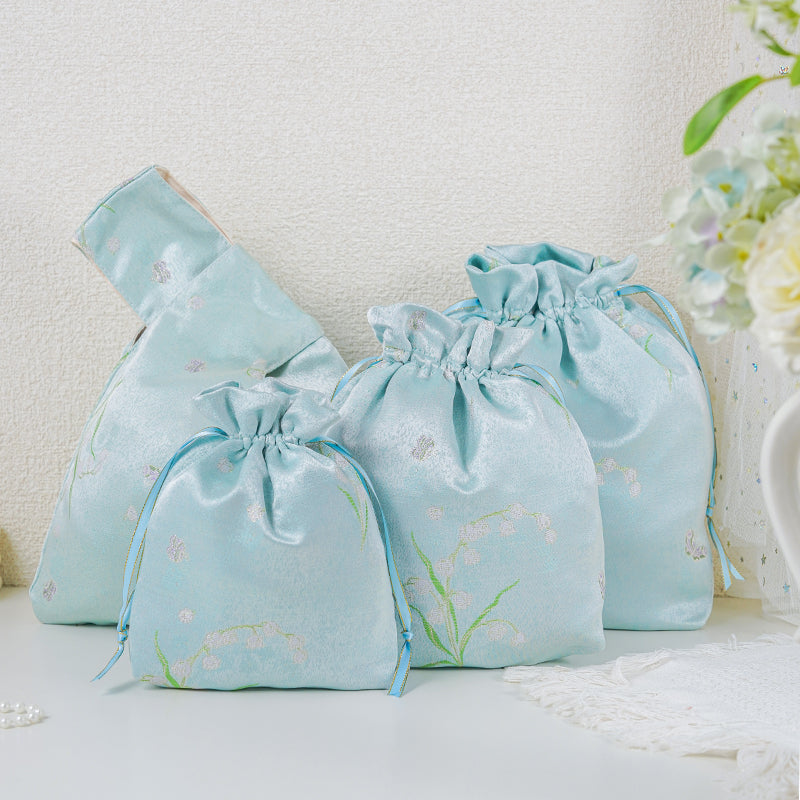 Mint Muguet patterned drawstring favor gift bag