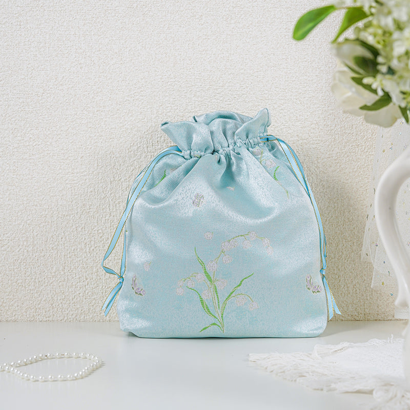 Mint Muguet patterned drawstring favor gift bag