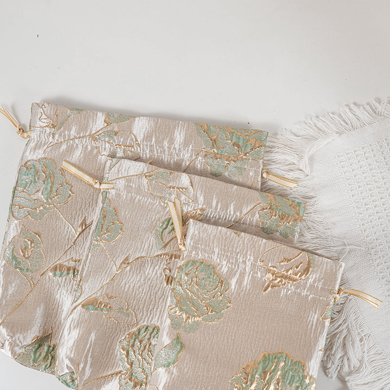 Gold Green Rose patterned drawstring favor gift bag