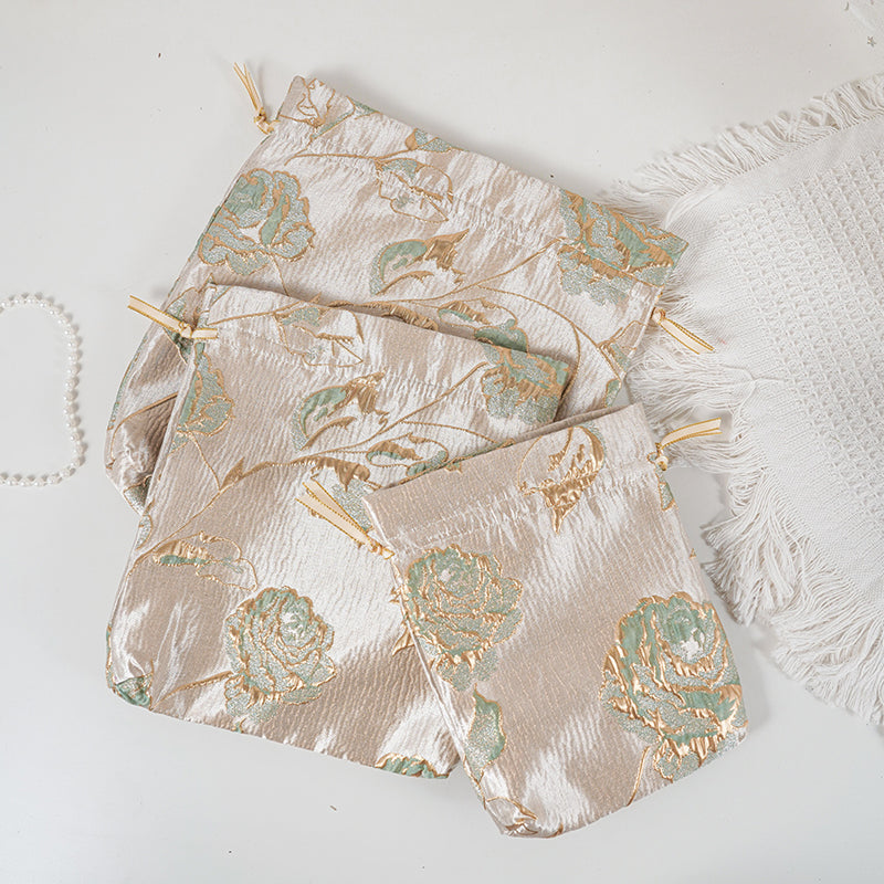 Gold Green Rose patterned drawstring favor gift bag