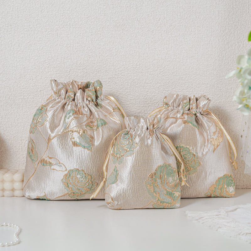 Gold Green Rose patterned drawstring favor gift bag