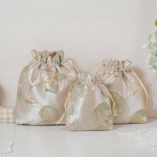 Gold Green Rose patterned drawstring favor gift bag