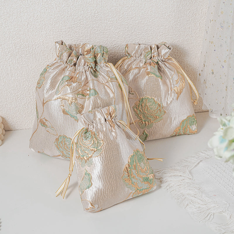 Gold Green Rose patterned drawstring favor gift bag