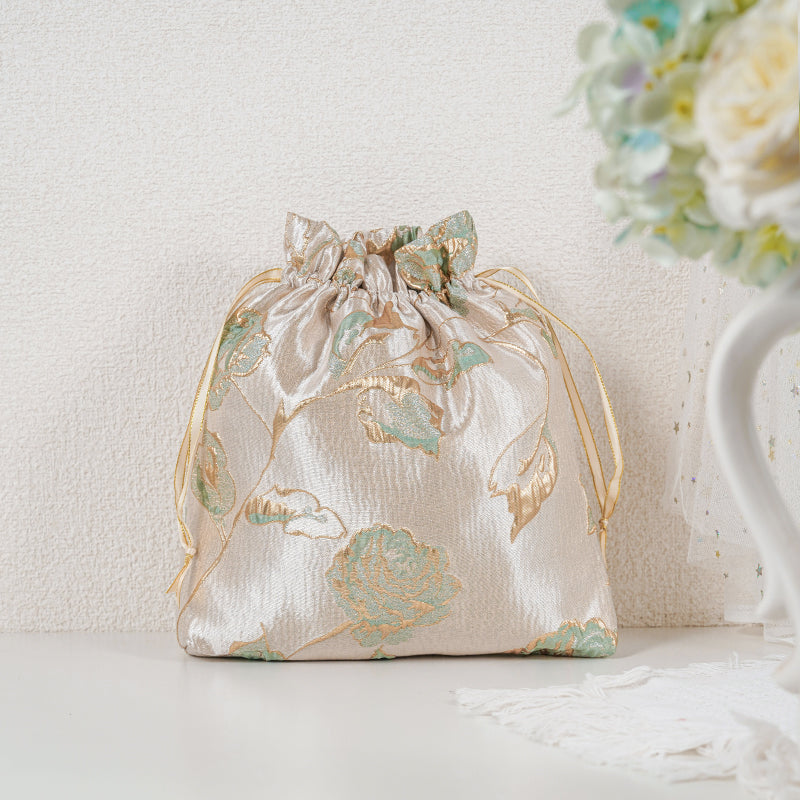 Gold Green Rose patterned drawstring favor gift bag