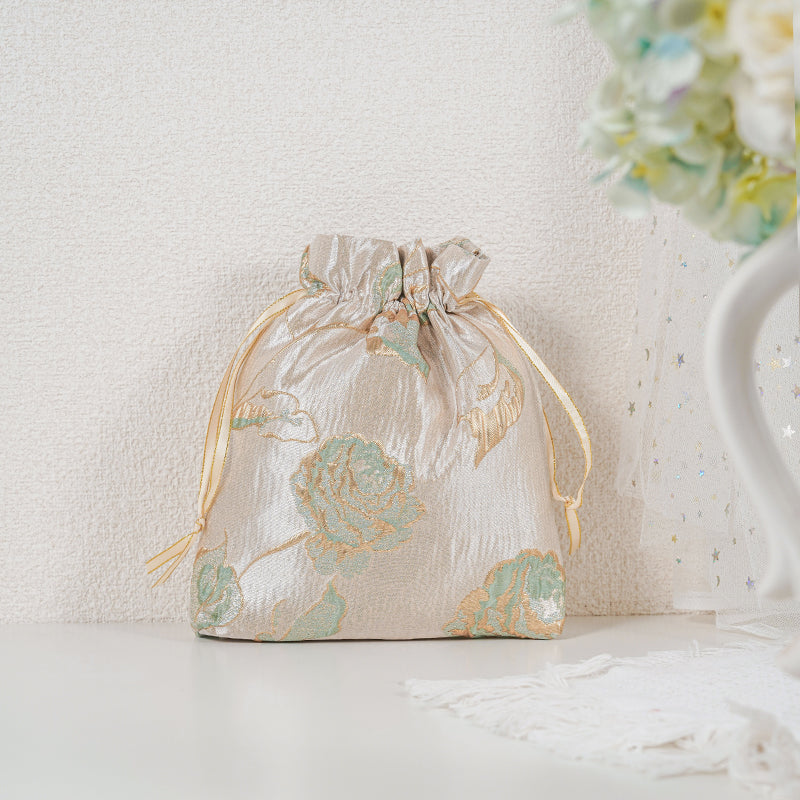Gold Green Rose patterned drawstring favor gift bag