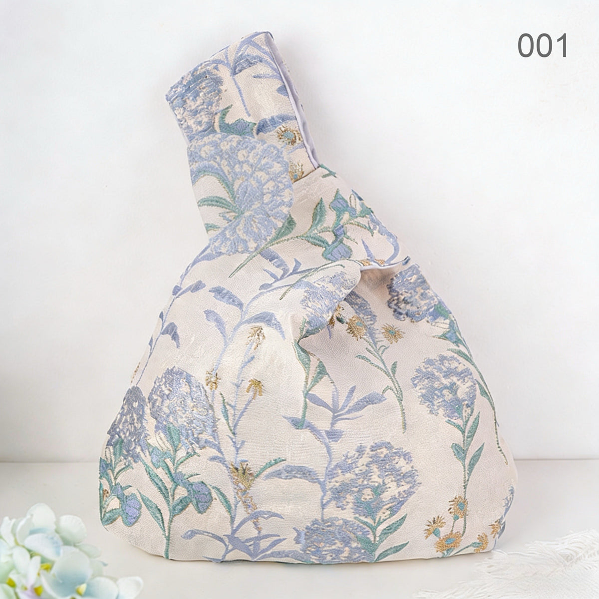 001 Blue Hydrangea Japanese knot wrist bag
