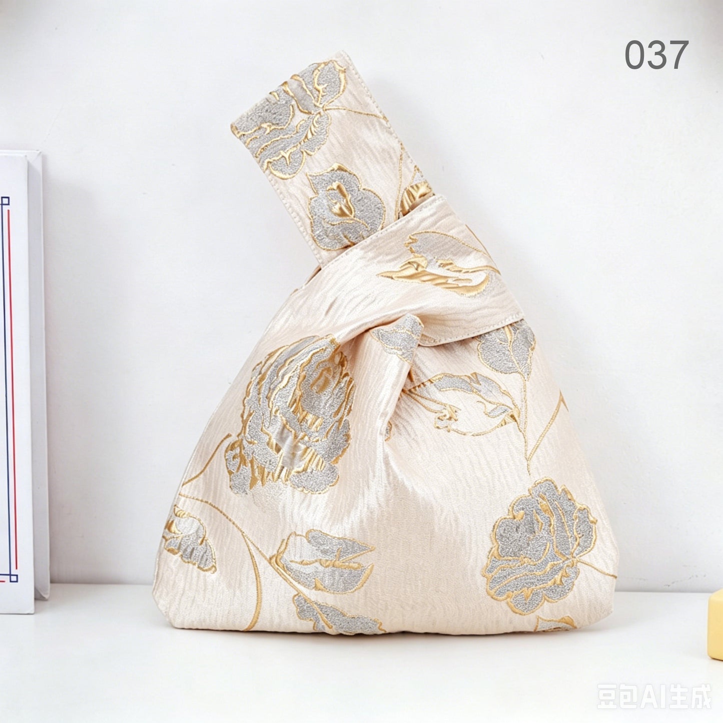037 Gold Gray Rose Japanese knot wrist bag