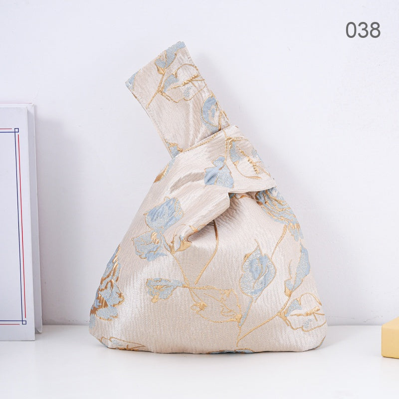 038 Gold Blue Rose Japanese knot wrist bag