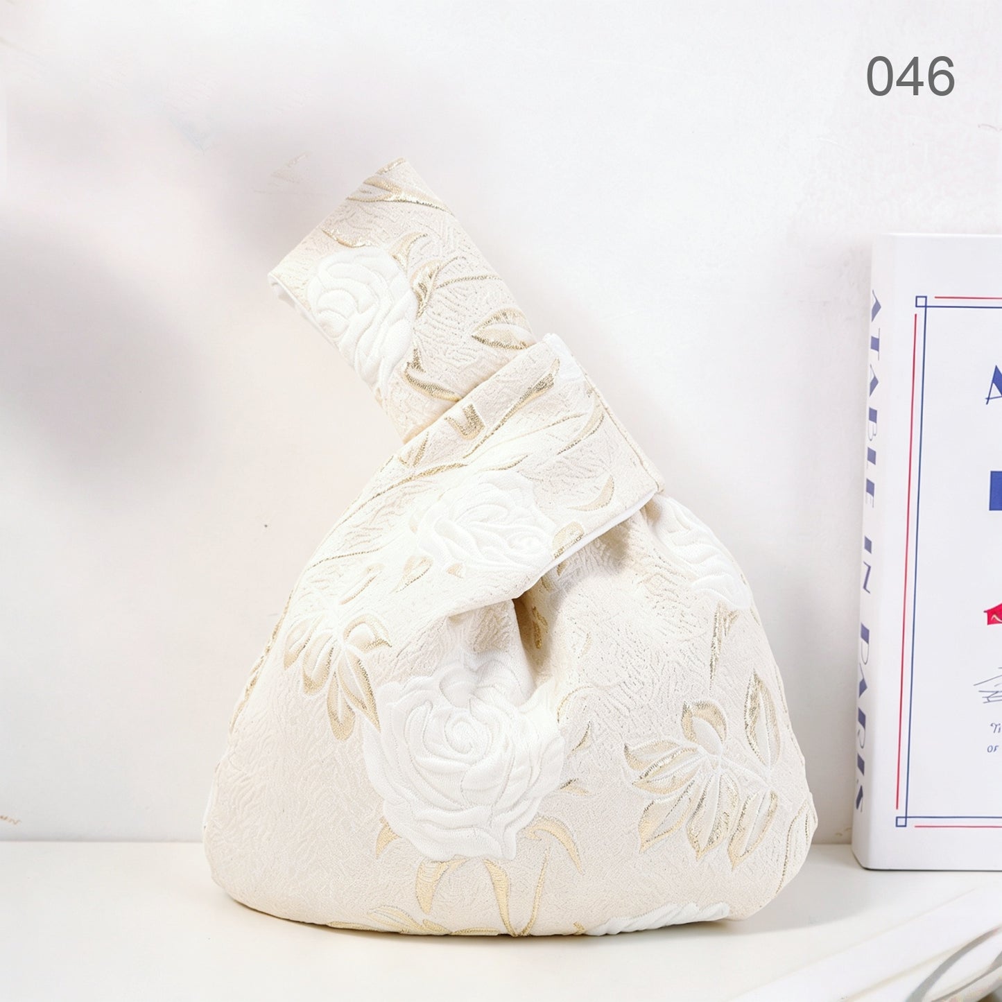 046 White Stem Rose Japanese knot wrist bag