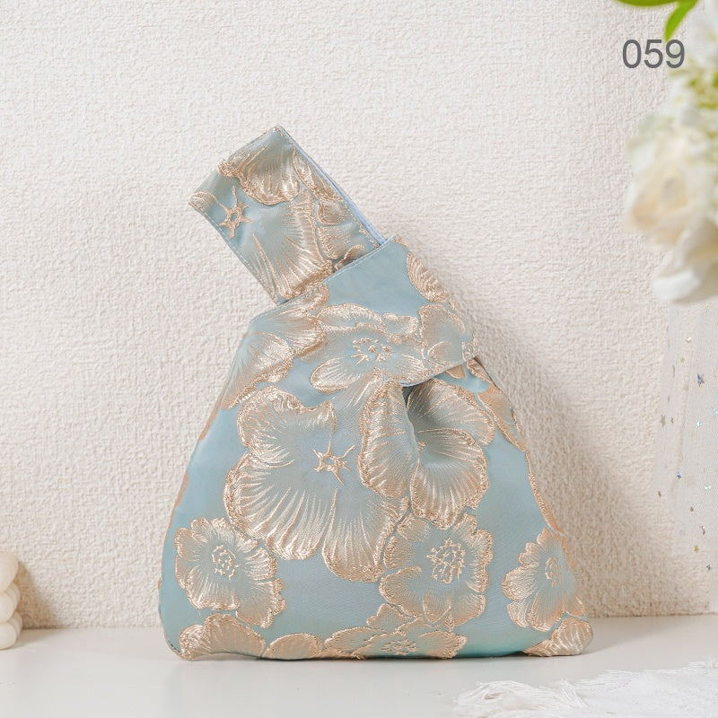 059 Blue Camellia Japanese knot wrist bag