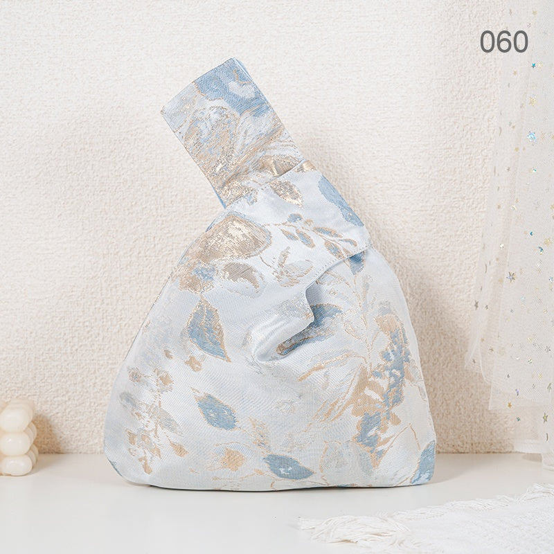 060 Blue Gilded Leaf Japanese knot wrist bag