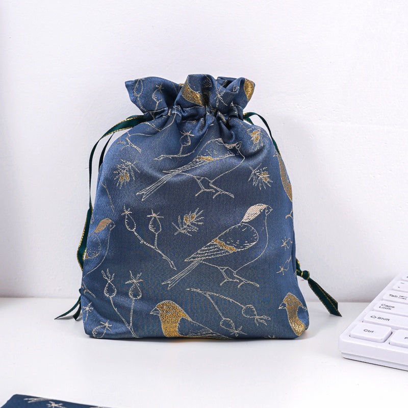 Golden Bird Brocade Drawstring Favor Bags, Embroidered Satin Evening Wedding Bridesmaid Gift Pouch