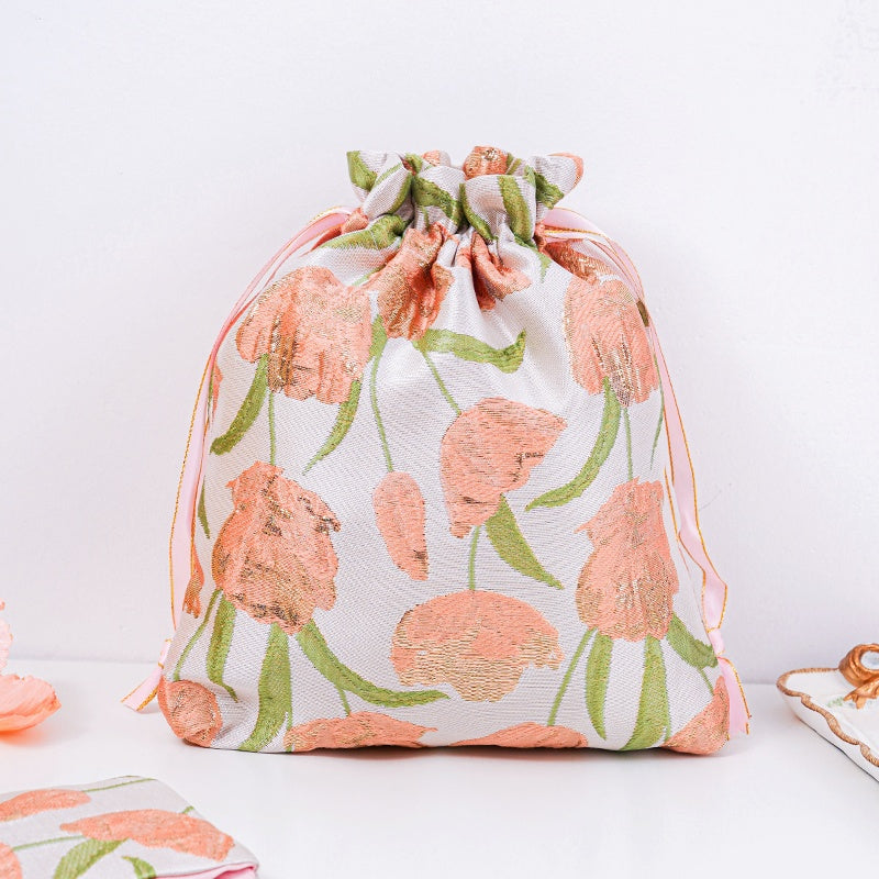 Tulip Brocade Drawstring Favor Bags, Embroidered Satin Evening Wedding Bridesmaid Gift Pouch