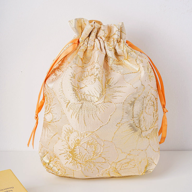Golden Peony Brocade Drawstring Favor Bags, Embroidered Satin Evening Wedding Bridesmaid Gift Pouch