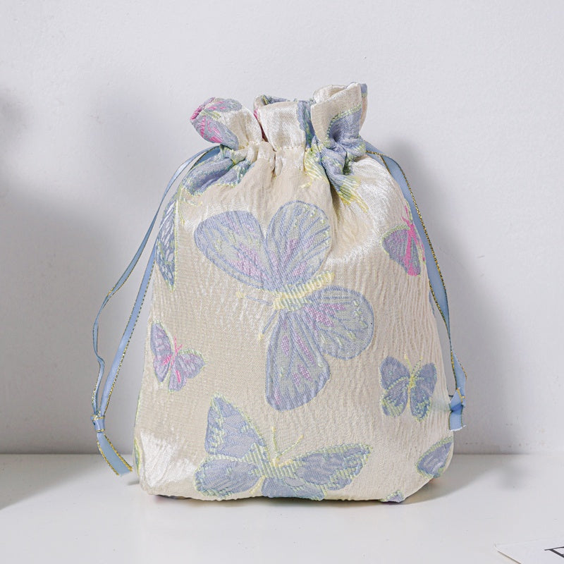 Blue Purple Butterfly Brocade Drawstring Favor Bags, Embroidered Satin Evening Wedding Bridesmaid Gift Pouch