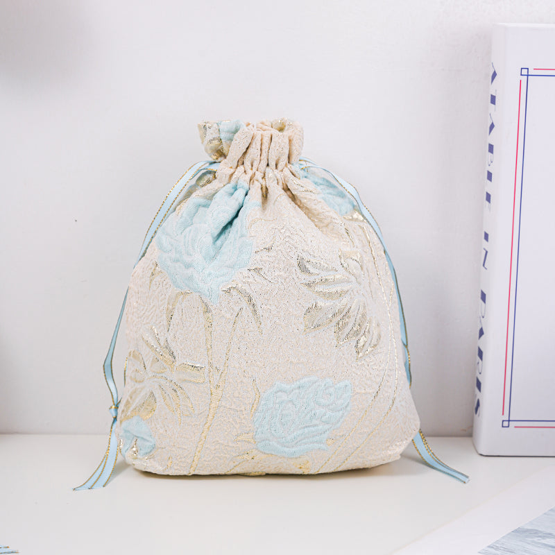 Long-stem Rose Brocade Drawstring Favor Bags, Embroidered Satin Evening Wedding Bridesmaid Gift Pouch