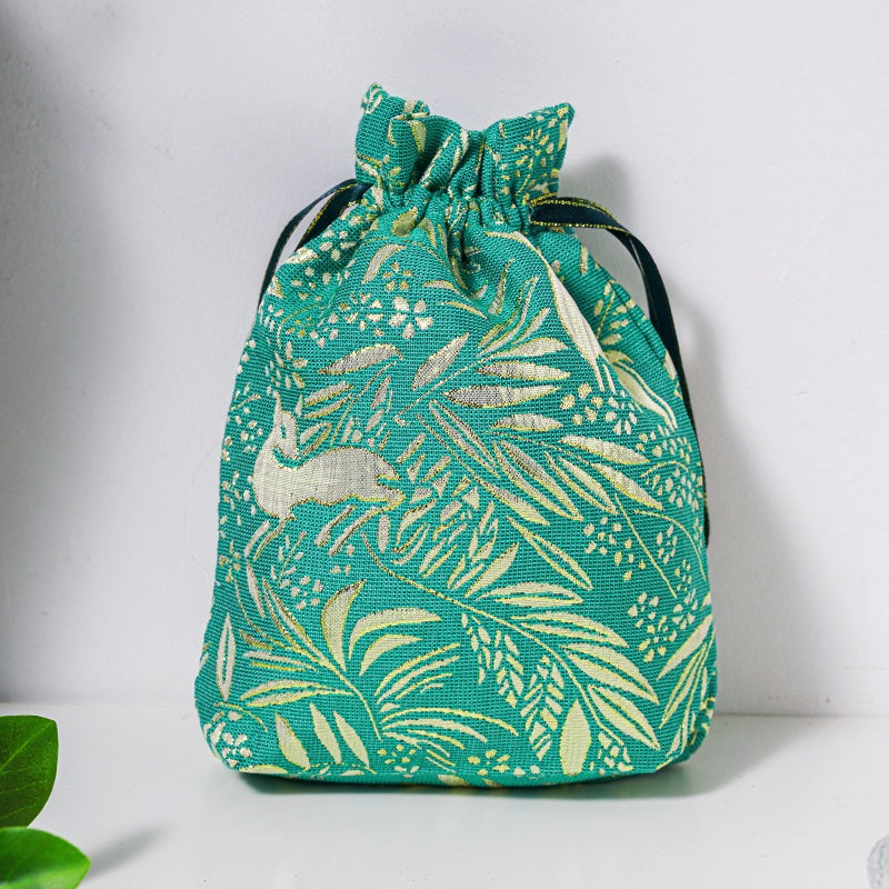 Golden Deer Brocade Drawstring Favor Bags, Embroidered Satin Evening Wedding Bridesmaid Gift Pouch