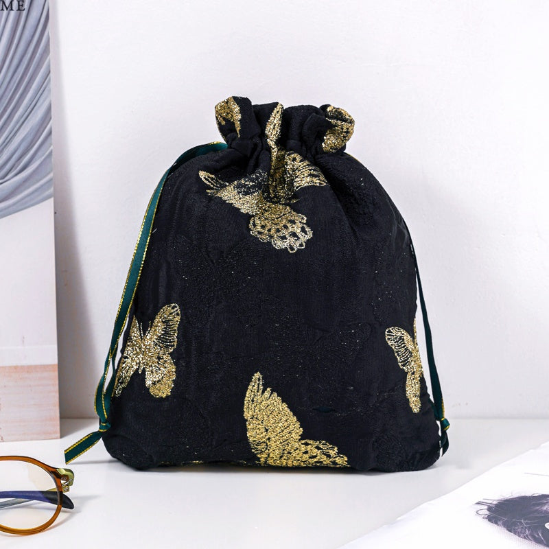 Golden Butterfly Brocade Drawstring Favor Bags, Embroidered Satin Evening Wedding Bridesmaid Gift Pouch