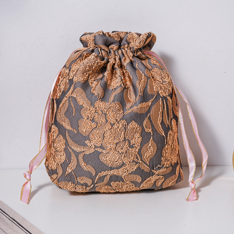 Golden Flower Brocade Drawstring Favor Bags, Embroidered Satin Evening Wedding Bridesmaid Gift Pouch