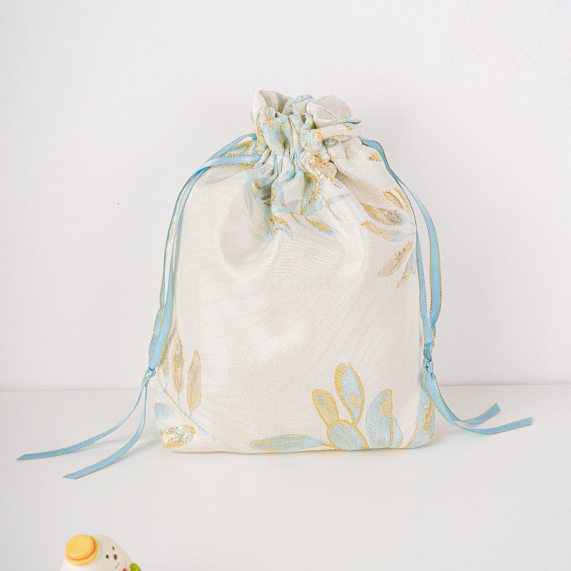 Golden Leaf Brocade Drawstring Favor Bags, Embroidered Satin Evening Wedding Bridesmaid Gift Pouch