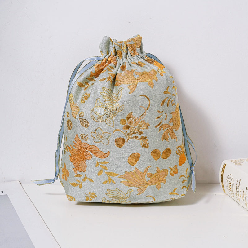Golden Goldfish Brocade Drawstring Favor Bags, Embroidered Satin Evening Wedding Bridesmaid Gift Pouch