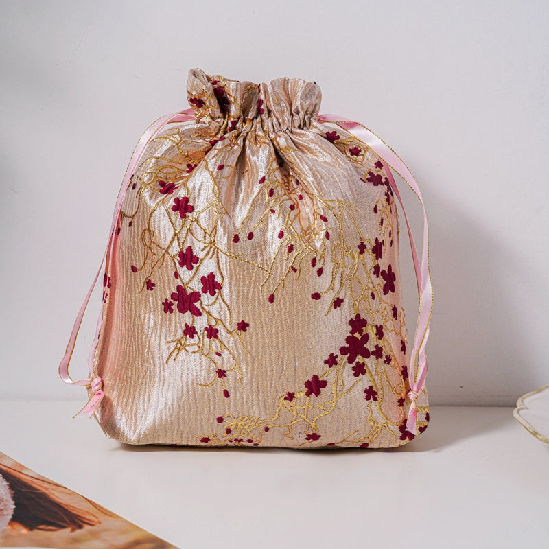 Red Plum Blossom Brocade Drawstring Favor Bags, Embroidered Satin Evening Wedding Bridesmaid Gift Pouch