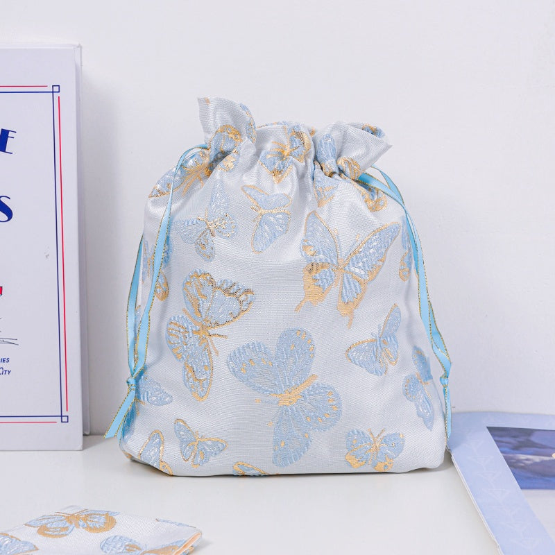 Butterfly Brocade Drawstring Favor Bags, Embroidered Satin Evening Wedding Bridesmaid Gift Pouch