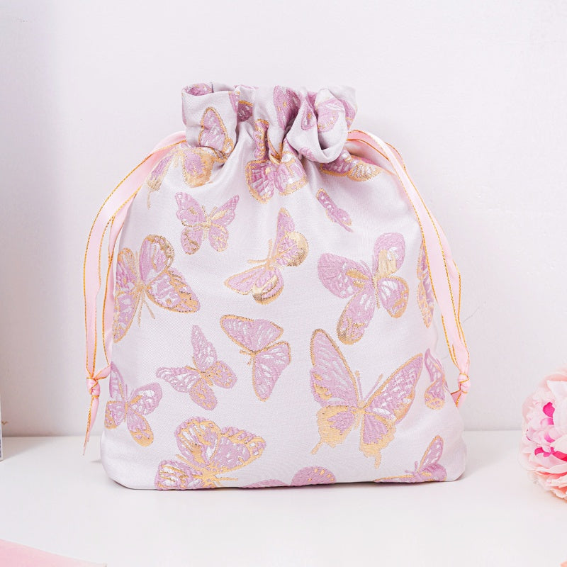 Butterfly Brocade Drawstring Favor Bags, Embroidered Satin Evening Wedding Bridesmaid Gift Pouch