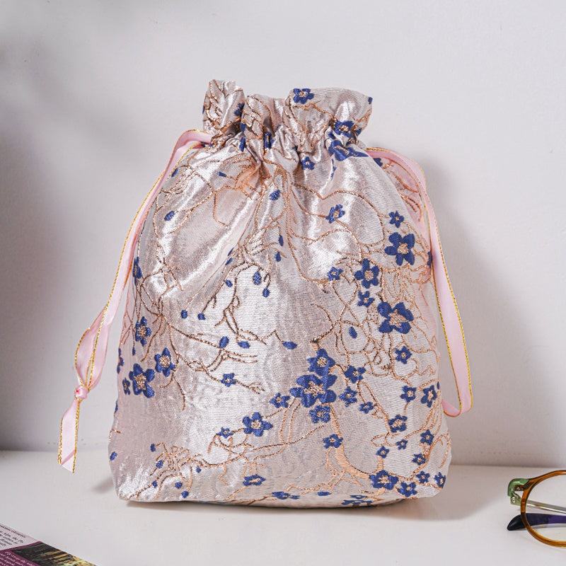 Blue Plum Blossom Brocade Drawstring Favor Bags, Embroidered Satin Evening Wedding Bridesmaid Gift Pouch