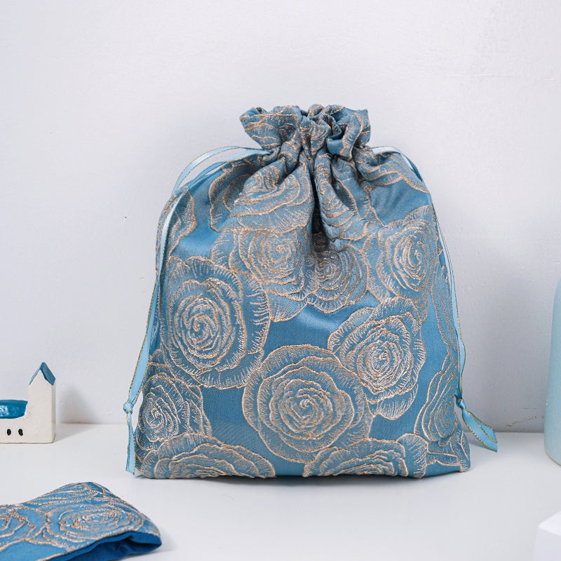 Golden Rose Brocade Drawstring Favor Bags, Embroidered Satin Evening Wedding Bridesmaid Gift Pouch