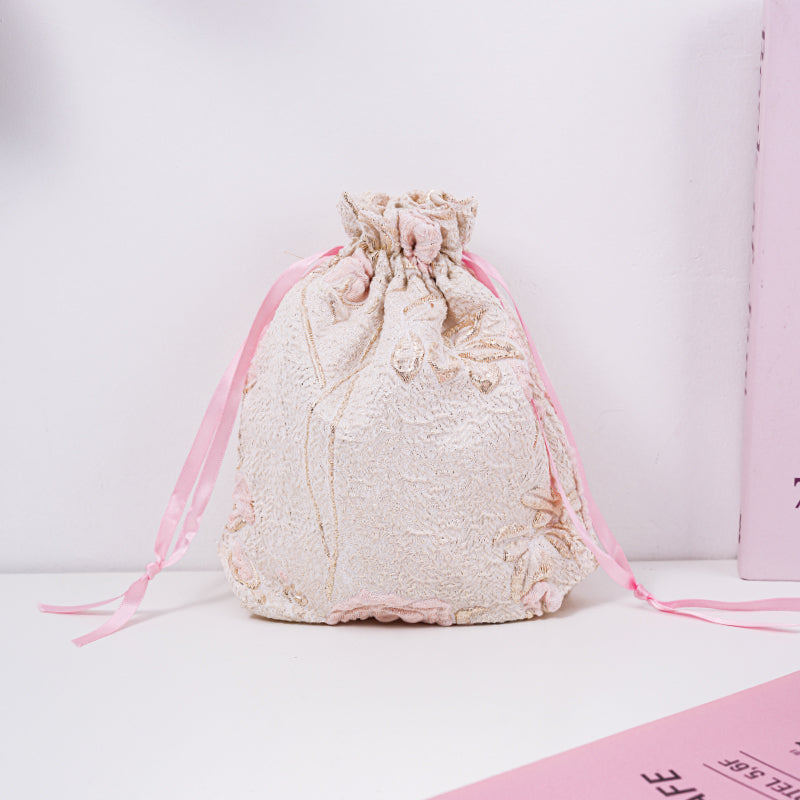 Long-stem Rose Brocade Drawstring Favor Bags, Embroidered Satin Evening Wedding Bridesmaid Gift Pouch