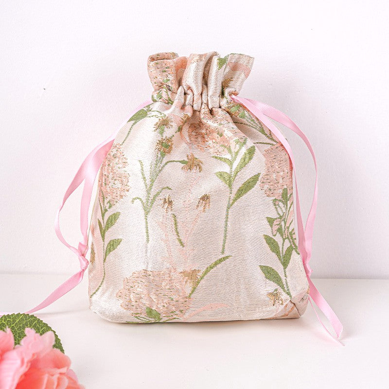 Pink Hydrangea Brocade Drawstring Favor Bags, Embroidered Satin Evening Wedding Bridesmaid Gift Pouch