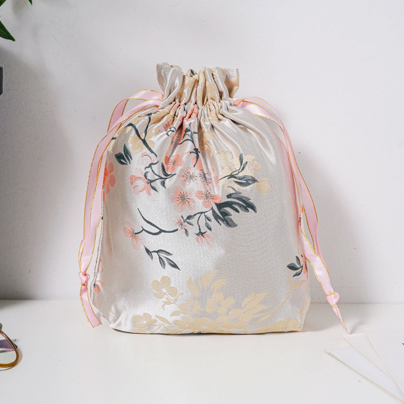 Orange Plum Blossom Brocade Drawstring Favor Bags, Embroidered Satin Evening Wedding Bridesmaid Gift Pouch