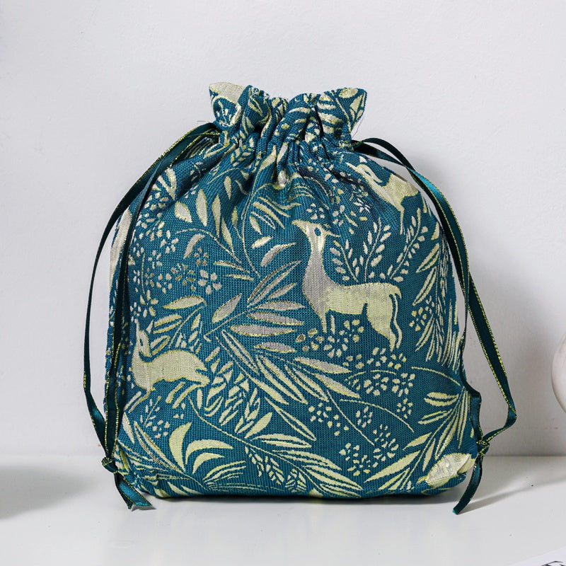 Golden Deer Brocade Drawstring Favor Bags, Embroidered Satin Evening Wedding Bridesmaid Gift Pouch