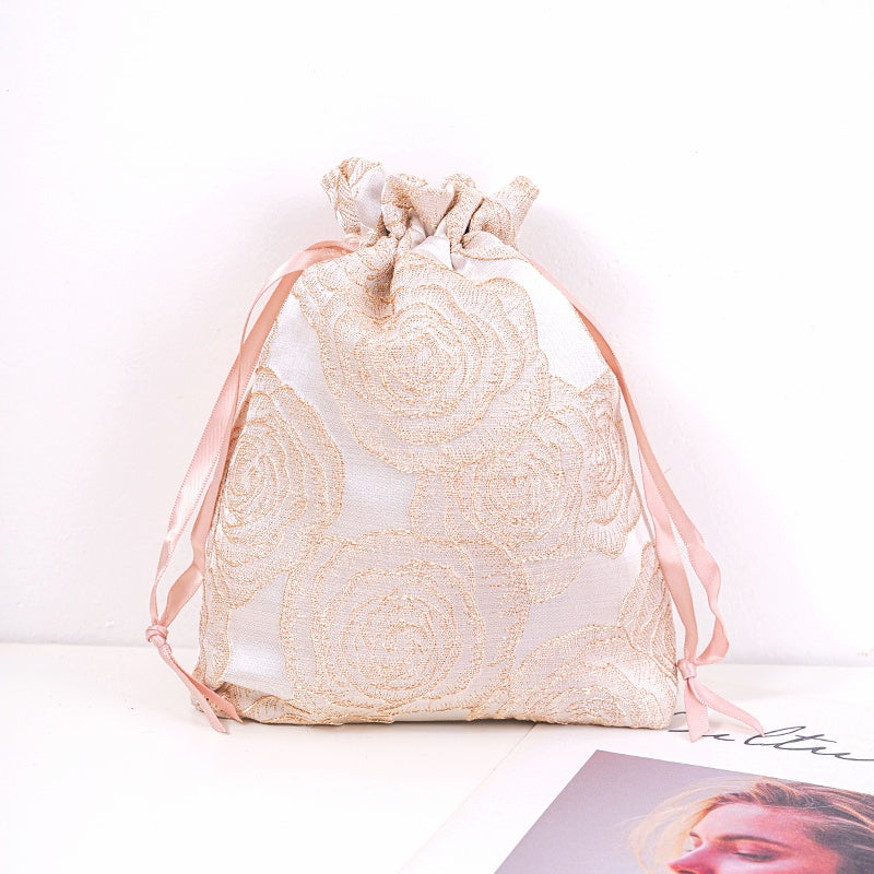 Golden Rose Brocade Drawstring Favor Bags, Embroidered Satin Evening Wedding Bridesmaid Gift Pouch