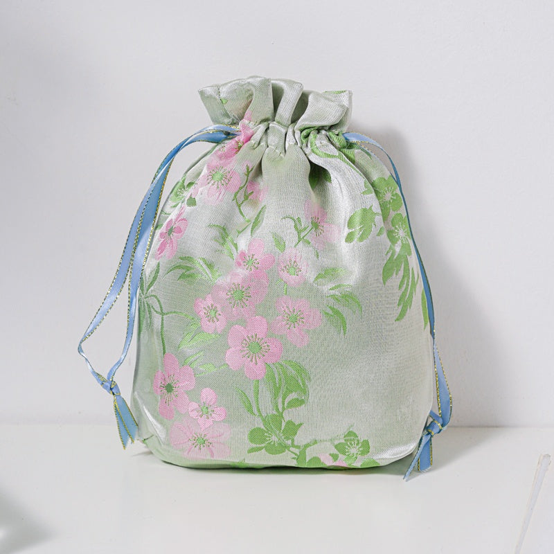 Cherry Blossom Brocade Drawstring Favor Bags, Embroidered Satin Evening Wedding Bridesmaid Gift Pouch