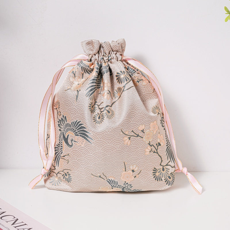 Green Crane Brocade Drawstring Favor Bags, Embroidered Satin Evening Wedding Bridesmaid Gift Pouch