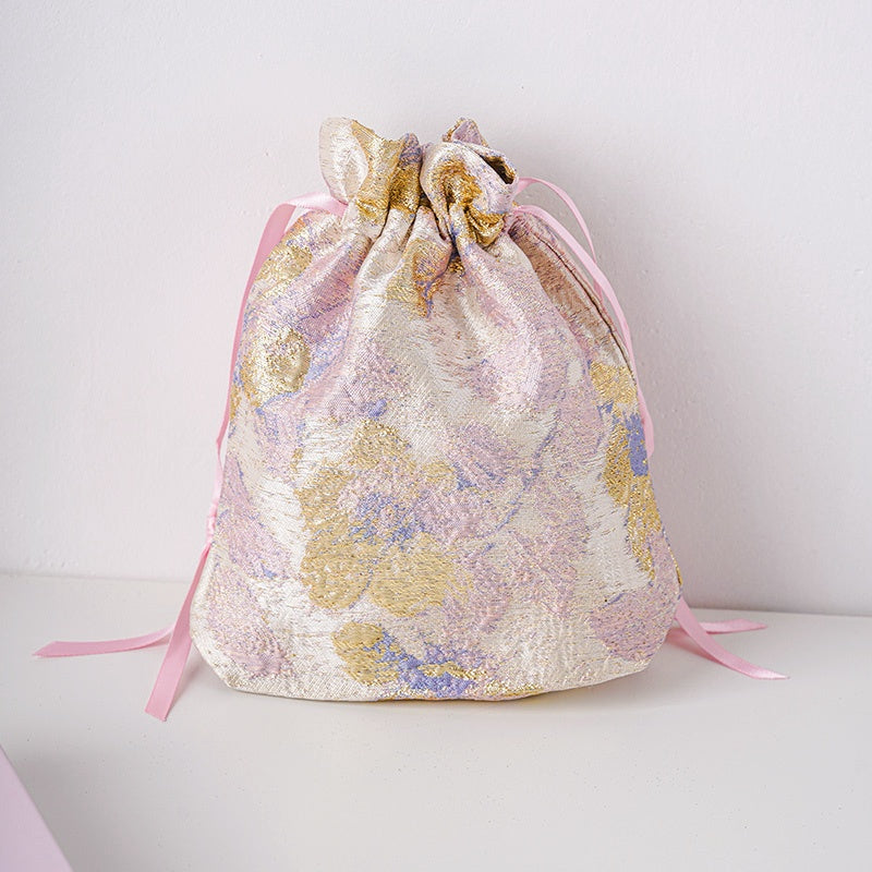 Purple Gold Flower Brocade Drawstring Favor Bags, Embroidered Satin Evening Wedding Bridesmaid Gift Pouch