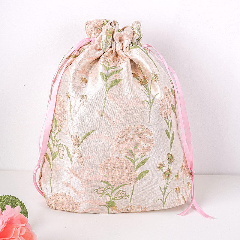 Pink Hydrangea Brocade Drawstring Favor Bags, Embroidered Satin Evening Wedding Bridesmaid Gift Pouch