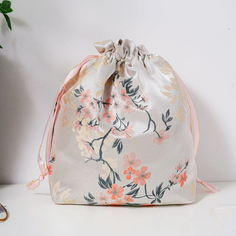 Orange Plum Blossom Brocade Drawstring Favor Bags, Embroidered Satin Evening Wedding Bridesmaid Gift Pouch
