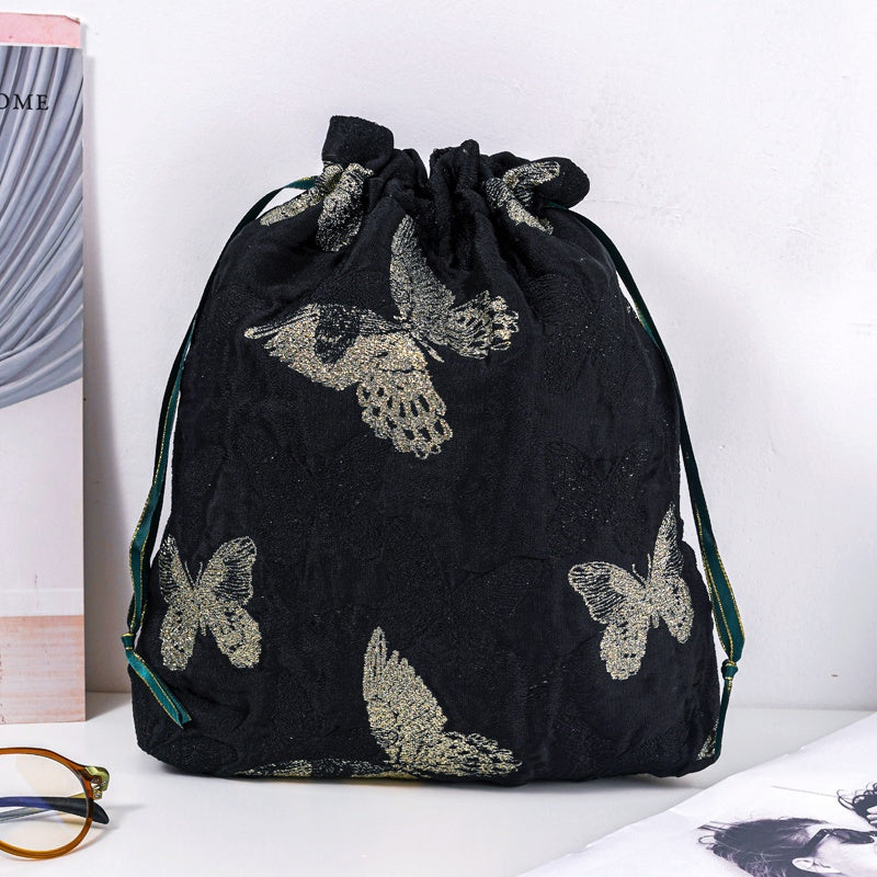 Golden Butterfly Brocade Drawstring Favor Bags, Embroidered Satin Evening Wedding Bridesmaid Gift Pouch