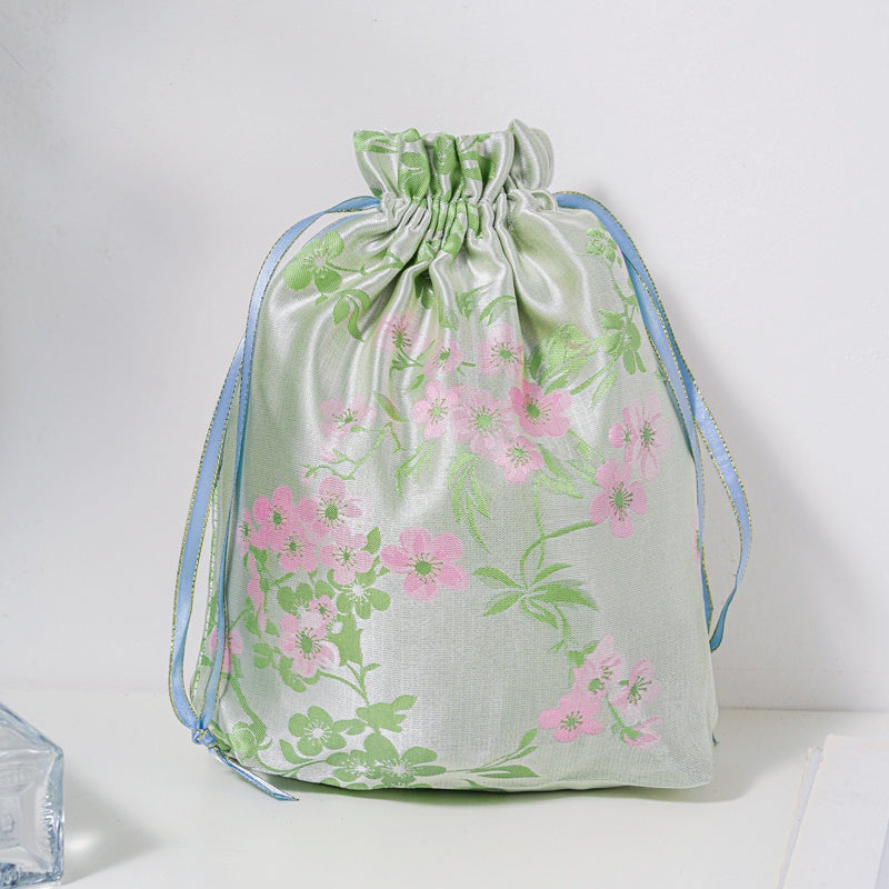 Cherry Blossom Brocade Drawstring Favor Bags, Embroidered Satin Evening Wedding Bridesmaid Gift Pouch