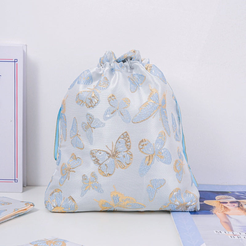 Butterfly Brocade Drawstring Favor Bags, Embroidered Satin Evening Wedding Bridesmaid Gift Pouch