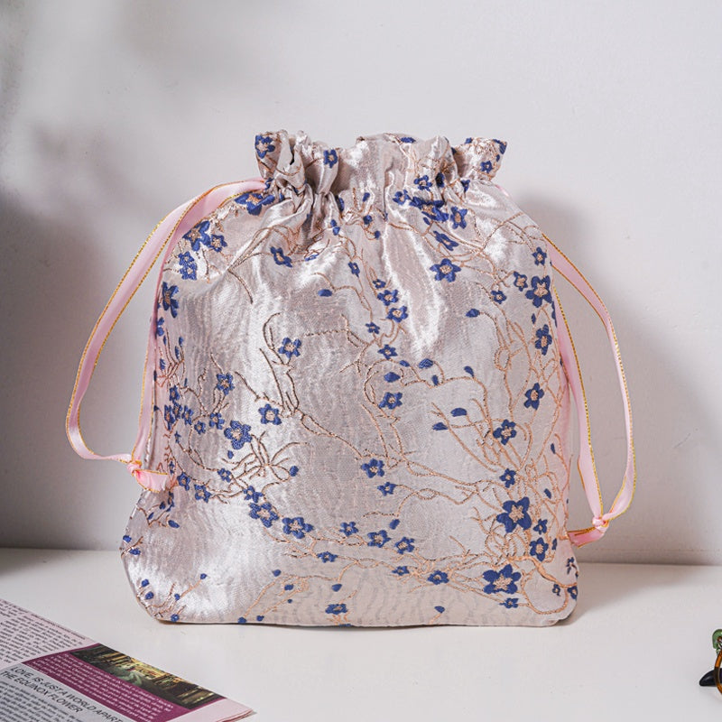 Blue Plum Blossom Brocade Drawstring Favor Bags, Embroidered Satin Evening Wedding Bridesmaid Gift Pouch