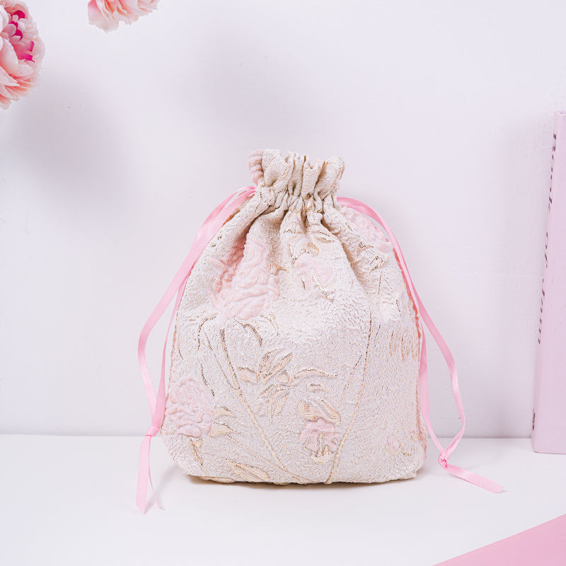 Long-stem Rose Brocade Drawstring Favor Bags, Embroidered Satin Evening Wedding Bridesmaid Gift Pouch