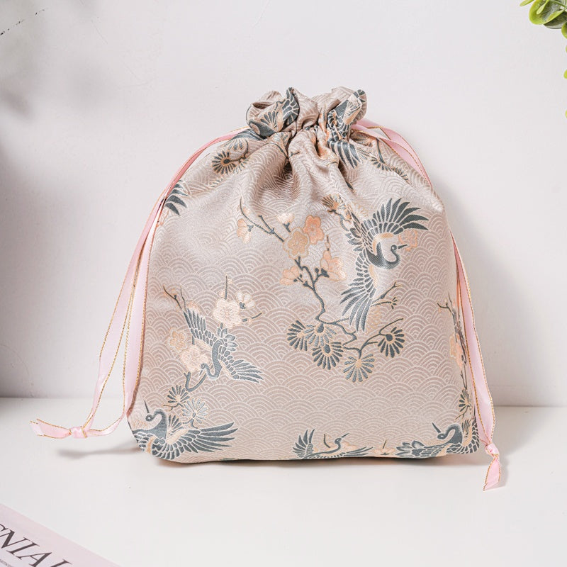 Green Crane Brocade Drawstring Favor Bags, Embroidered Satin Evening Wedding Bridesmaid Gift Pouch