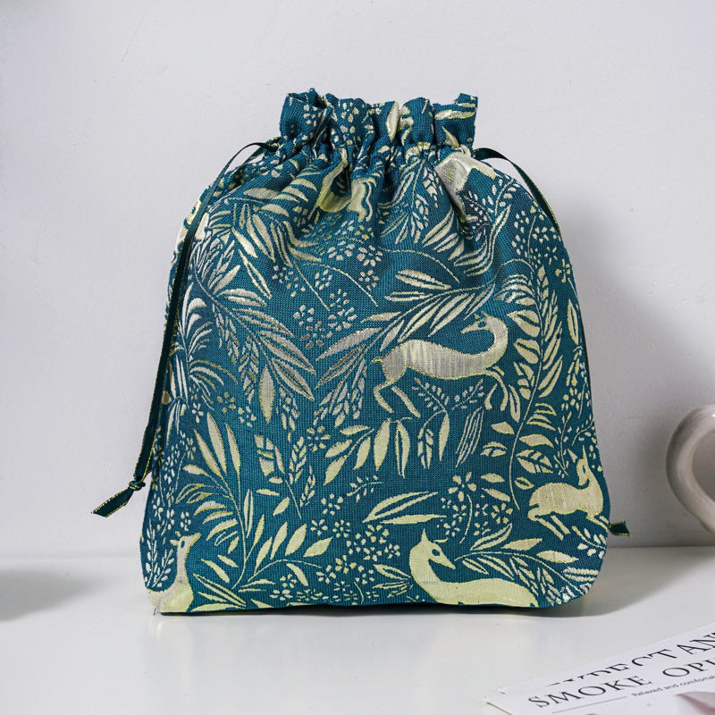 Golden Deer Brocade Drawstring Favor Bags, Embroidered Satin Evening Wedding Bridesmaid Gift Pouch
