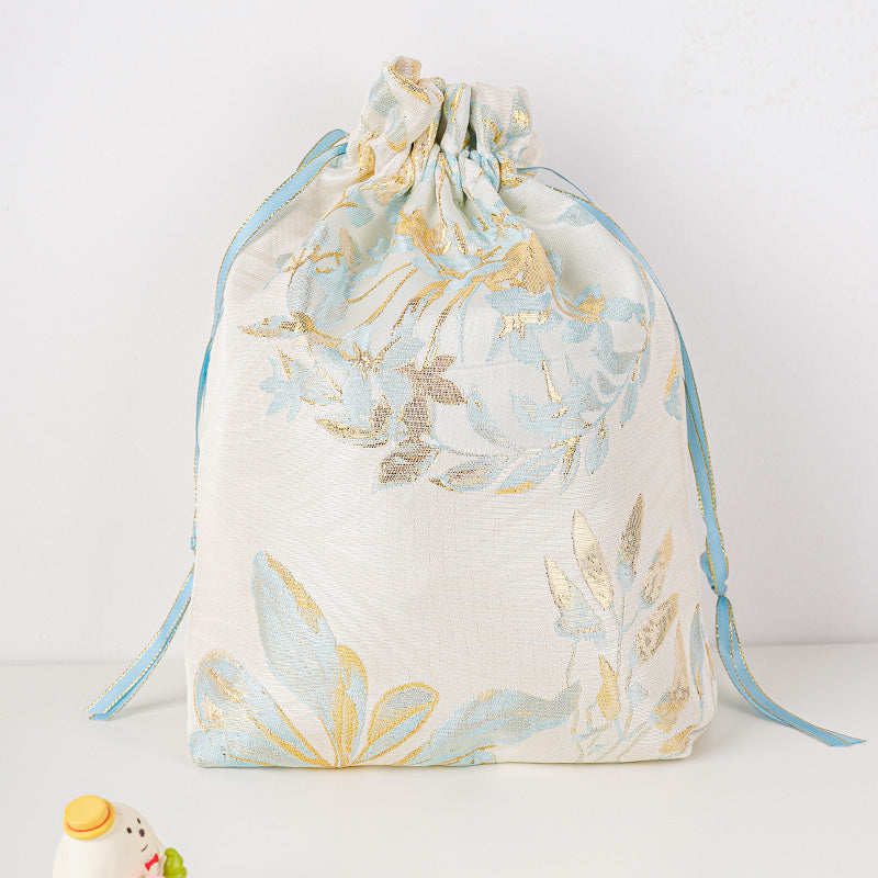 Golden Leaf Brocade Drawstring Favor Bags, Embroidered Satin Evening Wedding Bridesmaid Gift Pouch